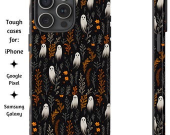 Cute Ghosts Halloween Phone Case, Fall Happy Ghosts Tough cover for new iPhone, Google Pixel, and Samsung Galaxy Models, iPhone 16 Halloween