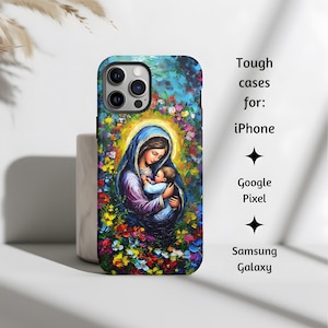 Gesegnete Jungfrau Maria und schlafendes Baby Jesus Blumen Umarmung katholische Handyhülle, süßes robustes Geschenk für iPhone, Google Pixel & Samsung Galaxy