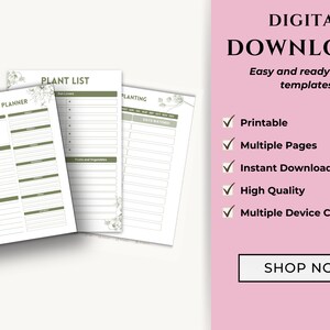 May include: Printable digital downloads for a weekly garden planner, plant list, and planting schedule. The templates feature a green and white floral design.
