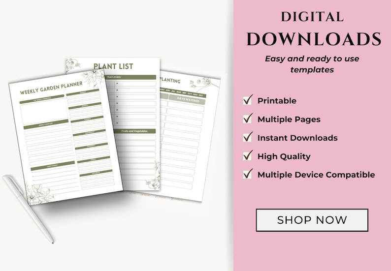 May include: Printable digital downloads for a weekly garden planner, plant list, and planting schedule. The templates feature a green and white floral design.