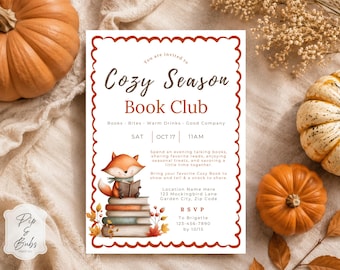 Cozy Season Book Club Invitation, Autumn Reading Party, Fox & Books (Canva Template)