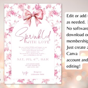 May include: Pink floral baby shower invitation with a large pink bow at the top. The invitation reads "Sprinkled with Love" and includes event details. Text on the right side promotes free Canva editing.
