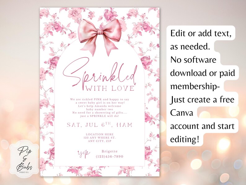 May include: Pink floral baby shower invitation with a large pink bow at the top. The invitation reads "Sprinkled with Love" and includes event details. Text on the right side promotes free Canva editing.