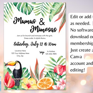 Invito al brunch Mumus and Mimosas: modello modificabile per una festa tropicale su Canva (download digitale) immagine 3