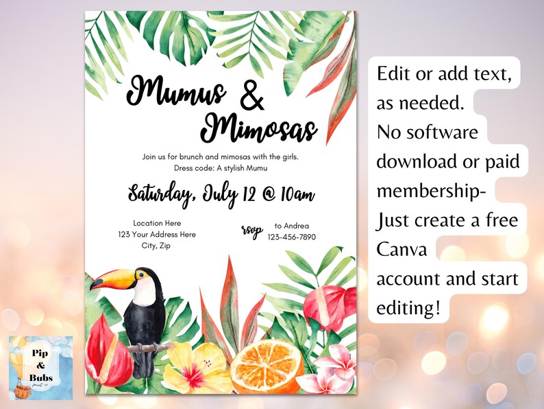 Invito al brunch Mumus and Mimosas: modello modificabile per una festa tropicale su Canva (download digitale) immagine 3