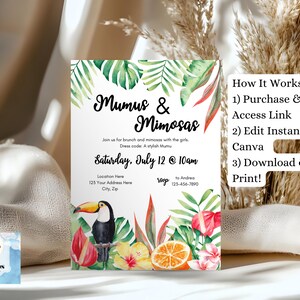 Invito al brunch Mumus and Mimosas: modello modificabile per una festa tropicale su Canva (download digitale) immagine 10
