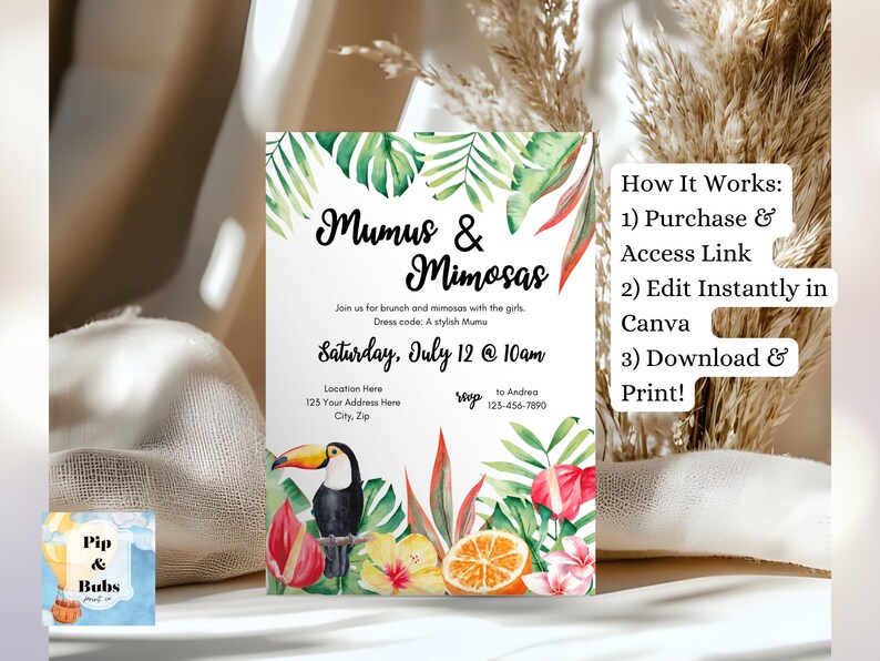 Invito al brunch Mumus and Mimosas: modello modificabile per una festa tropicale su Canva (download digitale) immagine 10