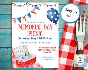 Memorial Day picknick bewerkbare uitnodiging digitale download patriottische partij