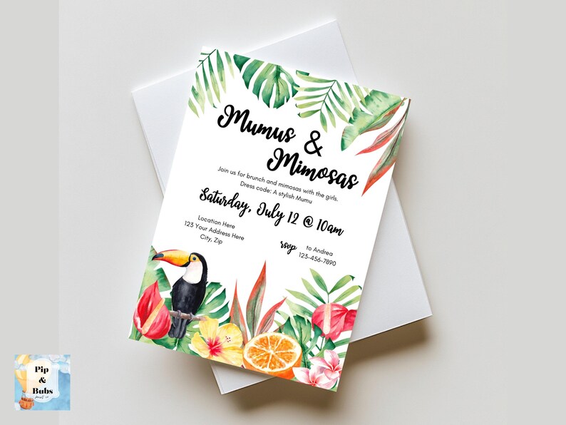 Invito al brunch Mumus and Mimosas: modello modificabile per una festa tropicale su Canva (download digitale) immagine 9