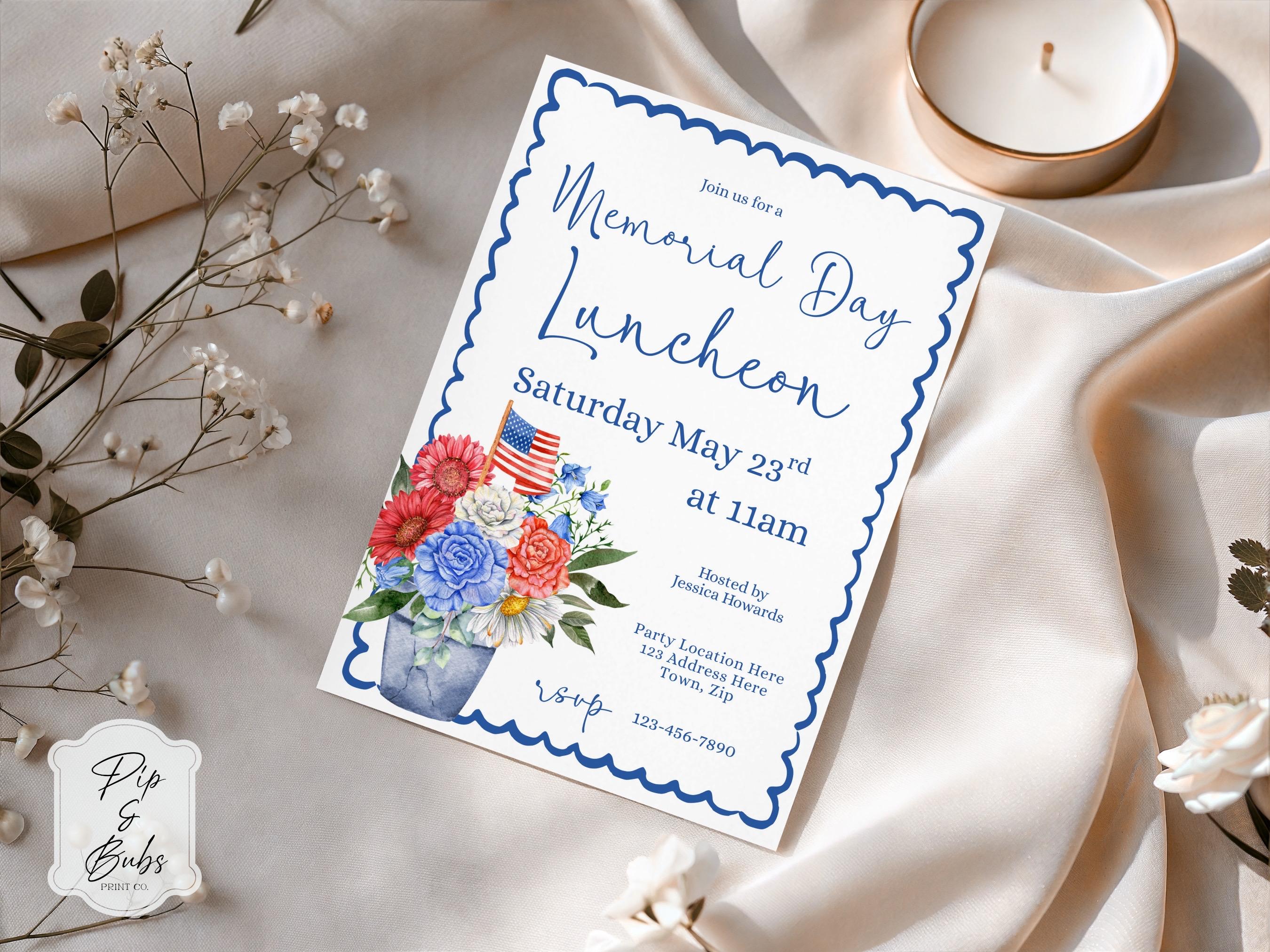 Memorial Day Luncheon Invitation Template, Patriotic Floral Invite ...