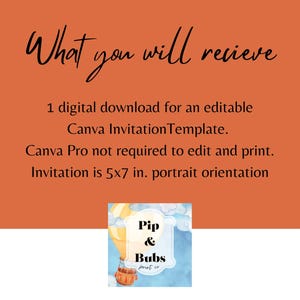 May include: A digital download for a Canva invitation template featuring a hot air balloon with the text "Pip & Bubs" in a blue and white color scheme. The invitation is 5x7 inches in portrait orientation.
