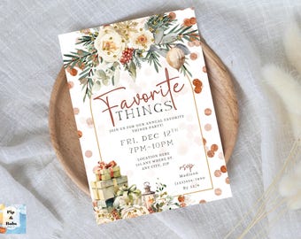 May include: A rectangular invitation with the text "Favorite Things" in a decorative font, surrounded by floral and gift box illustrations. The invitation includes event details such as date, time, and location, with a RSVP section. The design features a white background with gold accents and polka dots.