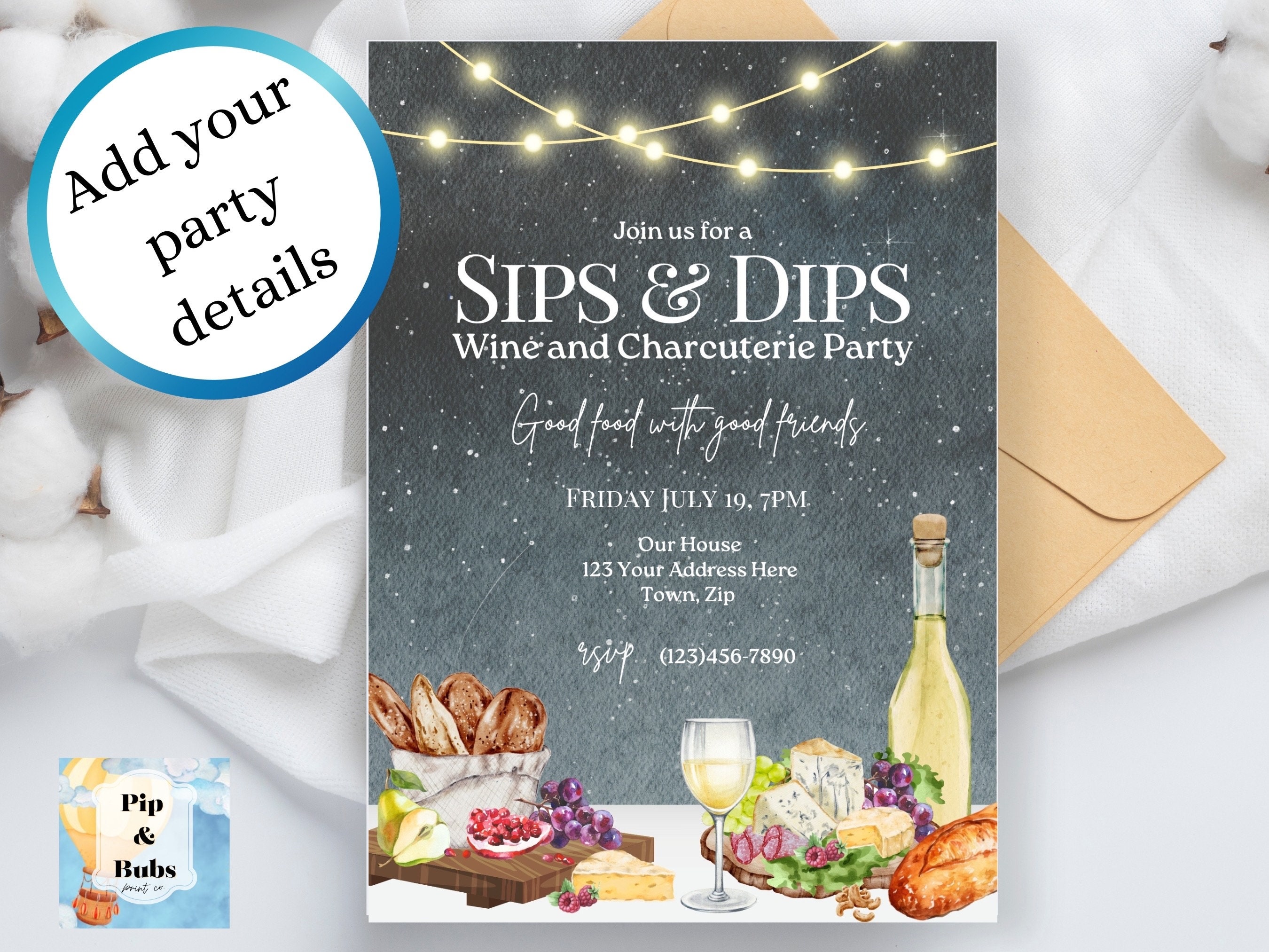 Charcuterie Party Editable Invitation Sips and Dips Invite Wine Snacks
