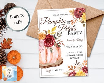 Pumpkin and Petals Editable Invitation Fall Autumn Canva Invitations Digital Invite Floral Pumpkin Party Flower Arraging