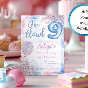 Geburtstag auf Wolke 9 Mädchen bearbeitbare Einladung Canva Vorlage Rosa und Blaue Wolke Geburtstag einladen Mädchen neunter Geburtstag