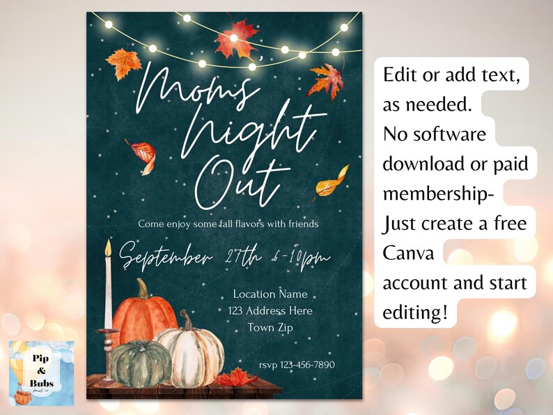 Mom’s Night Out Editable Invitation Autumn Fall Themed Pumpkins Ladies Girls Night Canva Invitations Digital Invite image 2