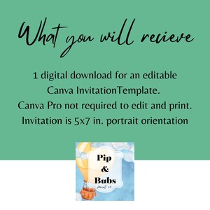 May include: A digital download for an editable Canva invitation template. The template features a hot air balloon with the text "Pip & Bubs print co" and is 5x7 inches in portrait orientation. Canva Pro is not required to edit and print.