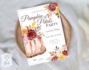 Pumpkin and Petals Editable Invitation Fall Autumn Canva Invitations Digital Invite Floral Pumpkin Party Flower Arraging