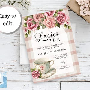 Modèle d&#39;invitation de thé pour dames modifiable | Invitation florale de tea party | Thé du jardin de l&#39;après-midi à imprimer | Faire-part pour le thé avec des roses roses