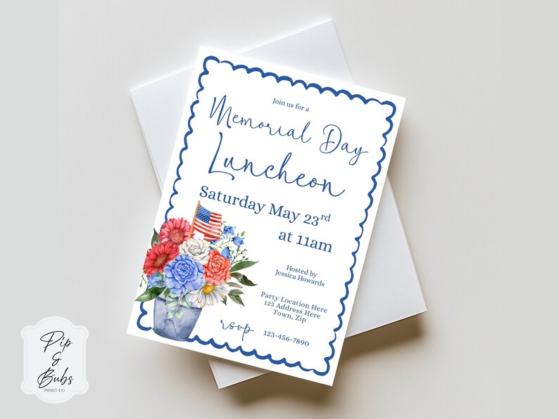Memorial Day Luncheon Invitation Template, Patriotic Floral Invite ...