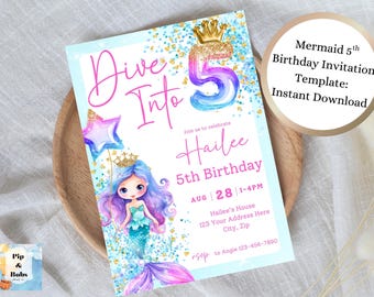Dive Into Five Invitation Editable Invite Girls Mermaid Party Under the Sea Canva Template