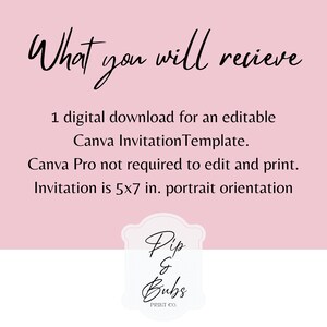 May include: A digital invitation template with the text "What you will receive". The template is 5x7 inches in portrait orientation and is editable in Canva. The design includes a logo that says "Pip & Bubs PRINT CO" on a pink background.