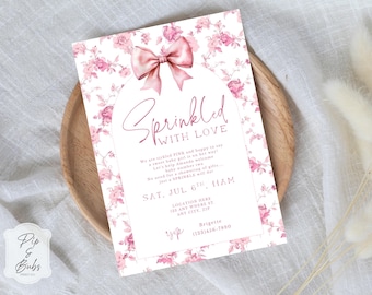 Sprinkled with Love Baby Sprinkle Invitation Template | Editable Canva Baby Shower Invite |Pink Floral Toile and Bow Baby Sprinkle Invite