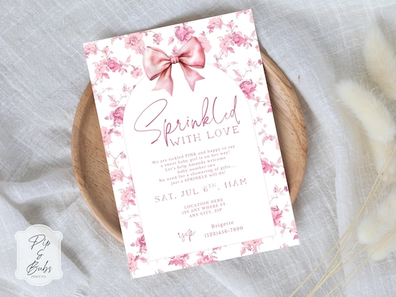 Sprinkled with Love Baby Sprinkle Invitation Template | Editable Canva Baby Shower Invite |Pink Floral Toile and Bow Baby Sprinkle Invite