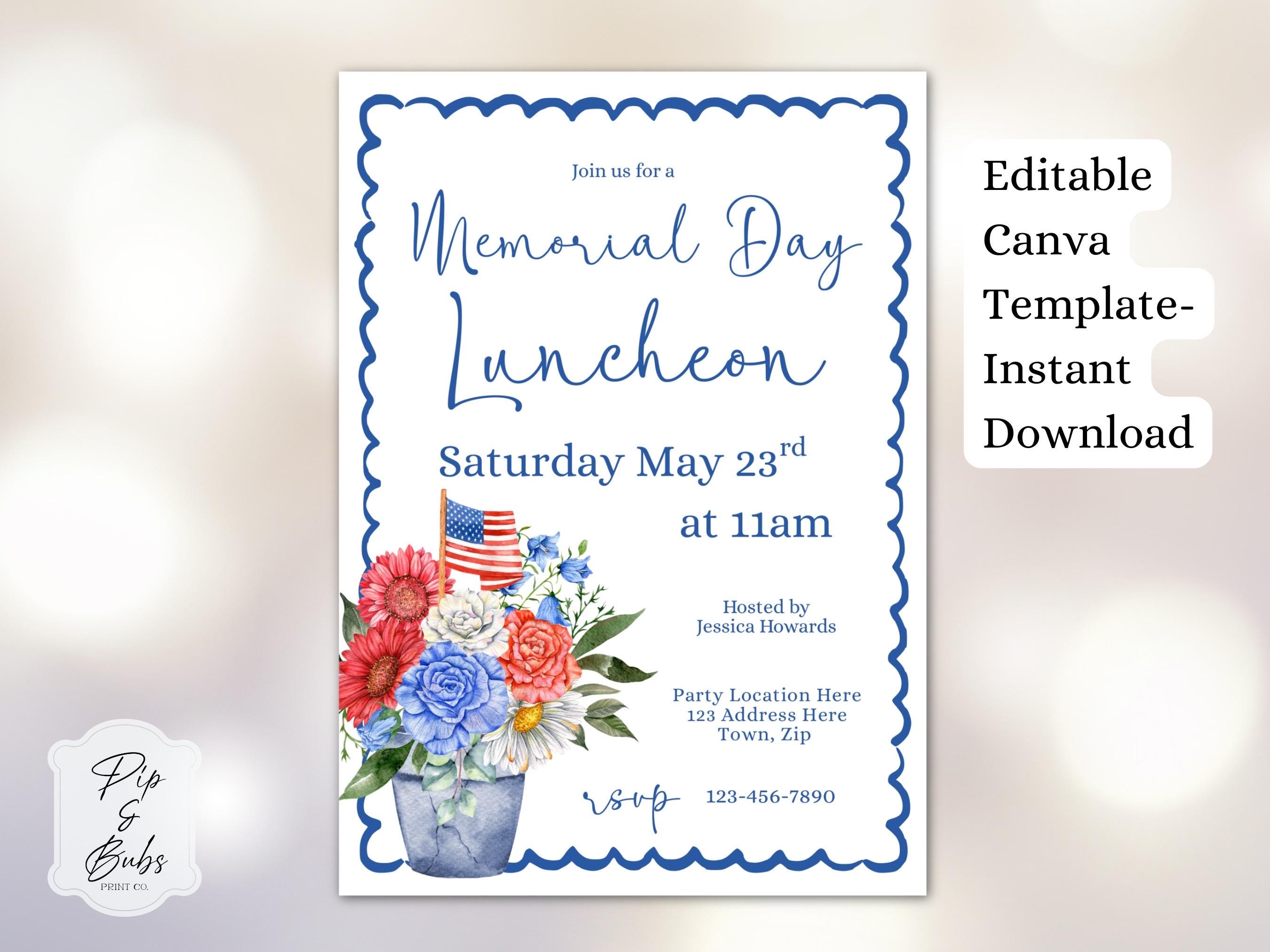 Memorial Day Luncheon Invitation Template, Patriotic Floral Invite ...