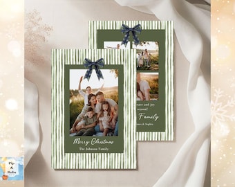 Editable Photo Christmas Card Template | Double Sided Holiday Card | Modern Green Plaid Christmas Card | Canva Template Printable