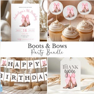 以下が含まれることがあります： ウェスタンテーマのパーティーバンドル。招待状、カップケーキトッパー、バナー、サンキュータグが含まれています。デザインはピンクのリボンとカウボーイブーツが特徴です。「Boots & Bows Party Bundle」と書かれています。