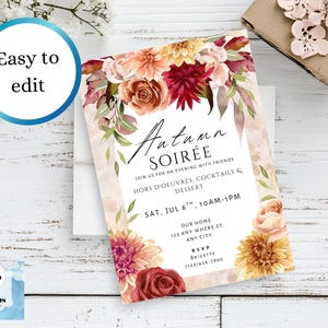 May include: An invitation for an Autumn Soirée with floral accents. The card features the text "Autumn Soirée" and event details. The design includes flowers in shades of red, orange, and cream, with the words "Easy to edit" in a blue circle.