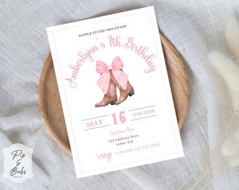 Boots and Bows Birthday Editable Invitation: Cowgirl Theme (Canva Template)