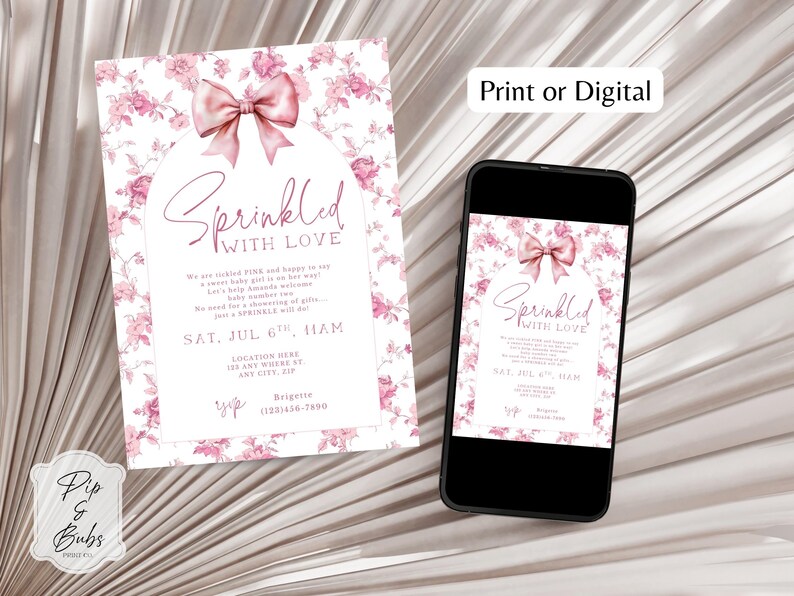 May include: A baby shower invitation with a floral design and a pink bow. The invitation reads "Sprinkled with Love" and includes event details. A smartphone displays the same invitation.