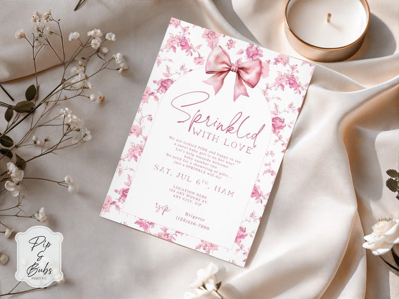 May include: A baby shower invitation with a floral design and a pink bow. The invitation reads "Sprinkled with Love" and includes event details. The invitation is surrounded by white flowers and a candle.