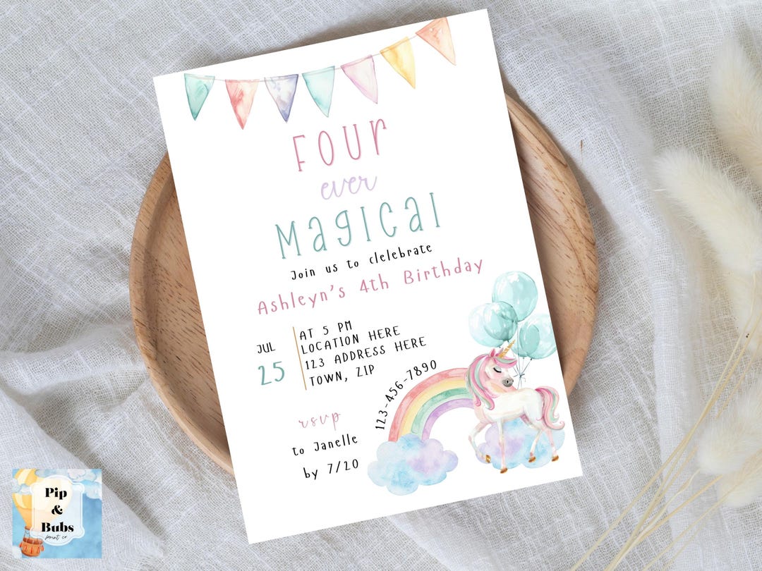 Unicorn 4th Birthday Invitation: Four Ever Magical, Editable Canva ...