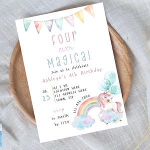 Unicorn 4th Birthday Invitation: Four Ever Magical, Editable Canva (Digital Download)