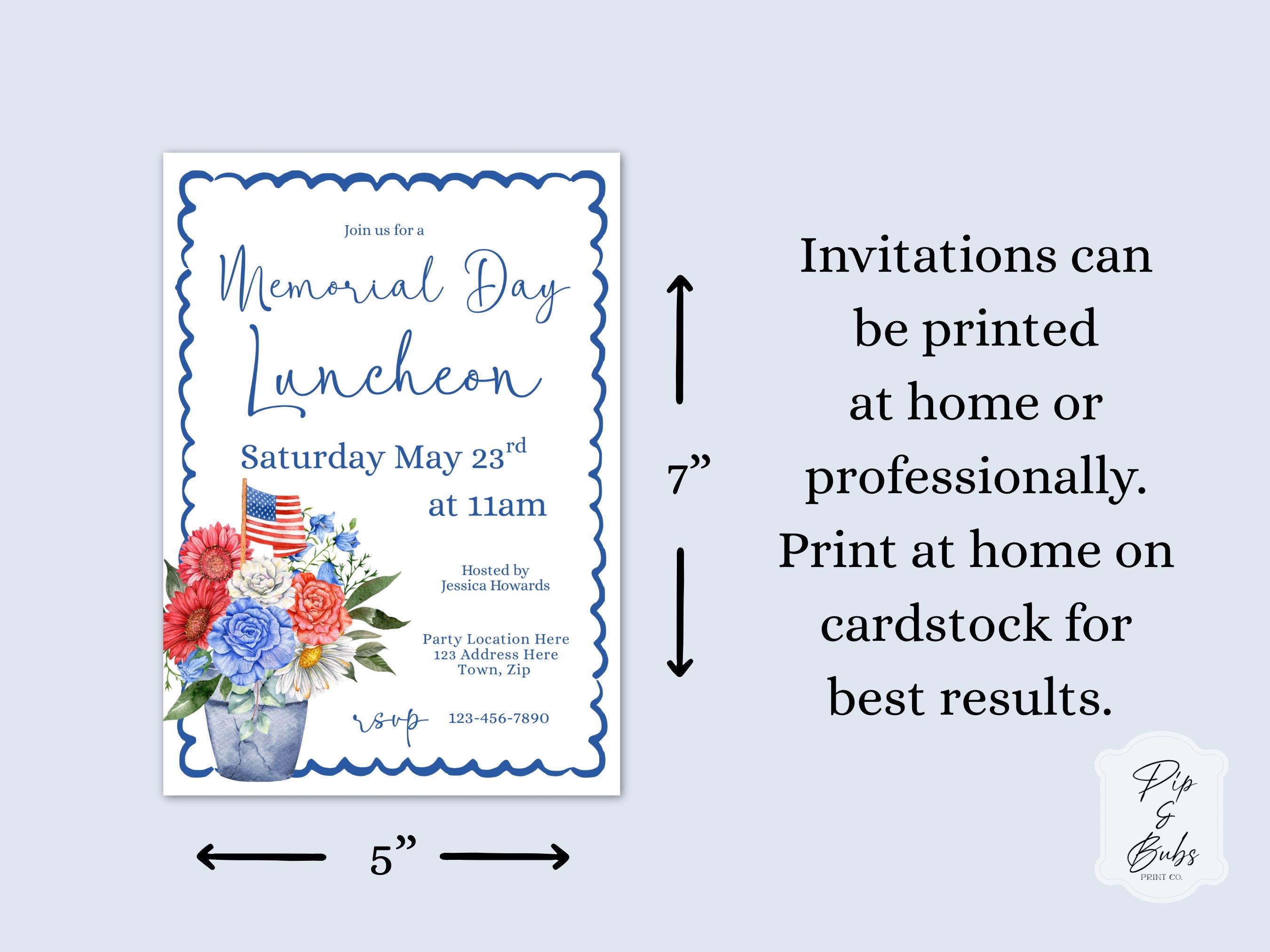 Memorial Day Luncheon Invitation Template, Patriotic Floral Invite ...