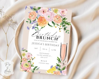 Bewerkbare verjaardagsbrunch uitnodiging roze perzik bloemen uitnodiging voor haar champagnebrunch uitnodiging canva sjabloon