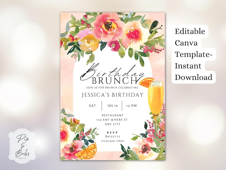 Op de afbeelding: Een brunch uitnodiging met aquarel bloemen in roze, geel en groen. De uitnodiging bevat de tekst "Birthday Brunch" en evenement details. Een mimosa glas met een sinaasappelschijfje is afgebeeld.