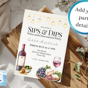 Charcuterie Party Editable Invitation Sips and Dips Invite Wine Snacks Canva Invitations