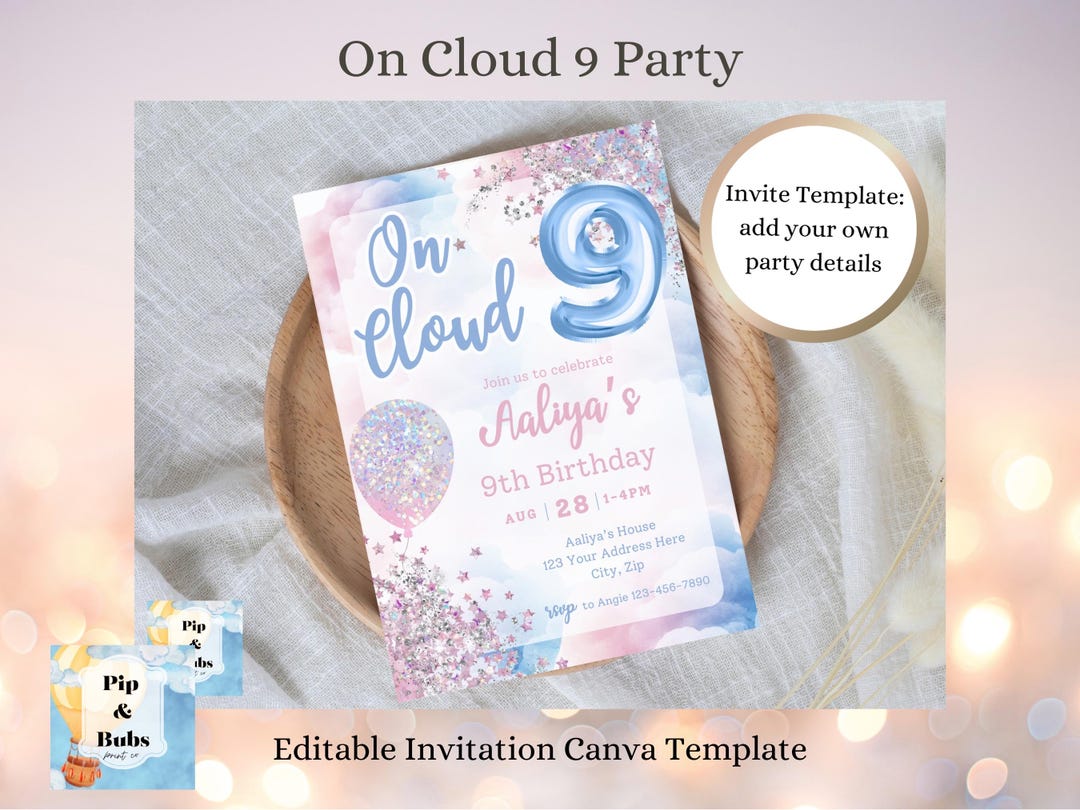 9th Birthday on Cloud 9 Girls Editable Invitation Canva Template Pink ...