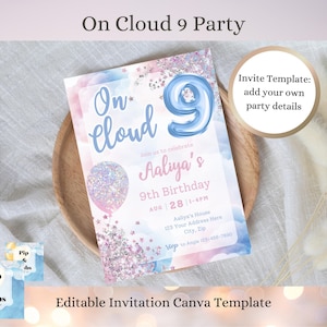9th Birthday On Cloud 9 Girls Editable Invitation Canva Template Pink and Blue Cloud Birthday Invite Girls Ninth Birthday
