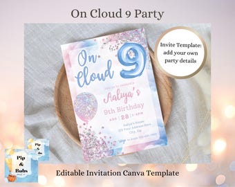 9th Birthday On Cloud 9 Girls Editable Invitation Canva Template Pink and Blue Cloud Birthday Invite Girls Ninth Birthday