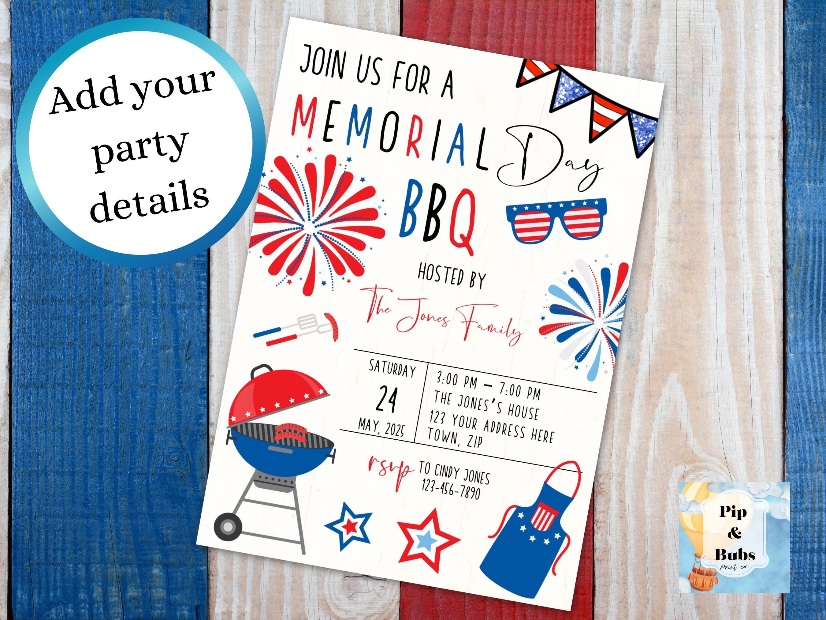 Memorial Day BBQ Editable Invitation Digital Download Patriotic Party ...