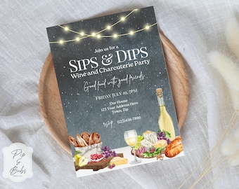 May include: A rectangular party invitation card with a dark gray textured background featuring string lights, a wine bottle, a glass of white wine, bread, cheese, and grapes. The text reads: Join us for a SIPS & DIPS Wine and Charcuterie Party.