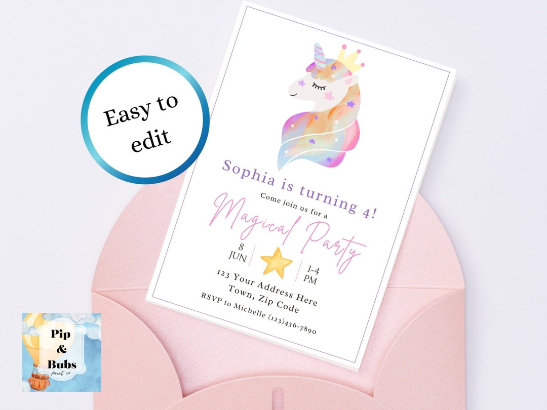 Unicorn Birthday Editable Invitation Pastel Girls Invite Watercolor ...