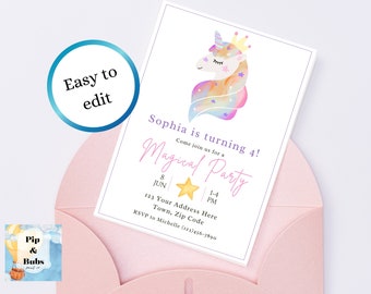 Invitación editable de cumpleaños de unicornio para niñas en tonos pastel, acuarela, Canva, descarga digital de plantillas para fiestas de niñas.