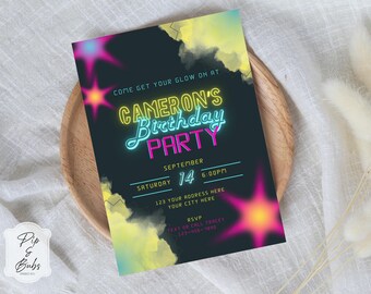 Girls Glow Party Invitation: Neon Blacklight Birthday Template (Digital Download)