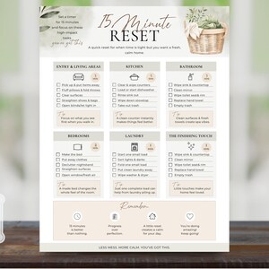 Könnte beinhalten: Eine 15 Minute Reset Checkliste auf weißem Papier mit beigen Akzenten. Sie enthält Abschnitte für Eingangsbereiche, Küche, Bad, Schlafzimmer, Wäsche und den letzten Schliff, mit Kontrollkästchen und Symbolen für verschiedene Reinigungsaufgaben.